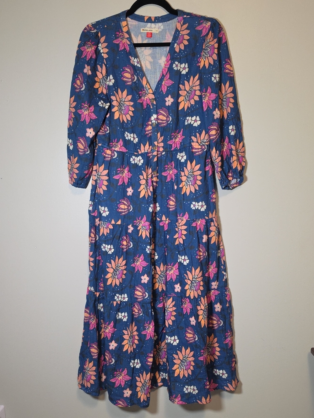 Marine Layer Blue Maxi Dress with Pink & Peach Floral Print